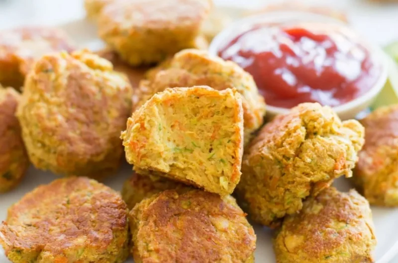Delicious chickpea nuggets served with dipping sauce on a plate
