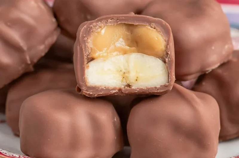 Delicious Chocolate Banana Peanut Butter Bites arranged on a plate.