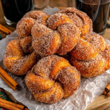 Freshly baked Cinnamon Sugar Twist Donuts, dusted with cinnamon sugar.