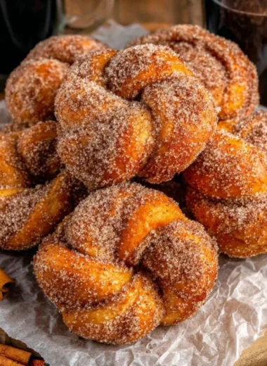 Freshly baked Cinnamon Sugar Twist Donuts, dusted with cinnamon sugar.