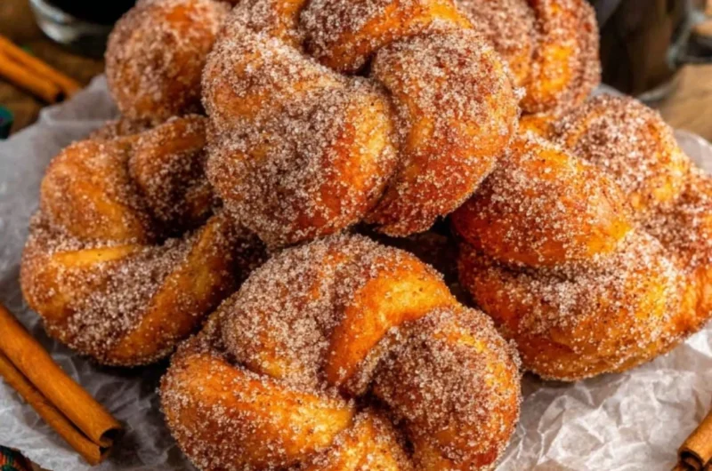 Freshly baked Cinnamon Sugar Twist Donuts, dusted with cinnamon sugar.