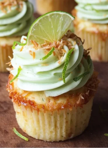 Coconut cupcakes with lime buttercream frosting on a decorative plate