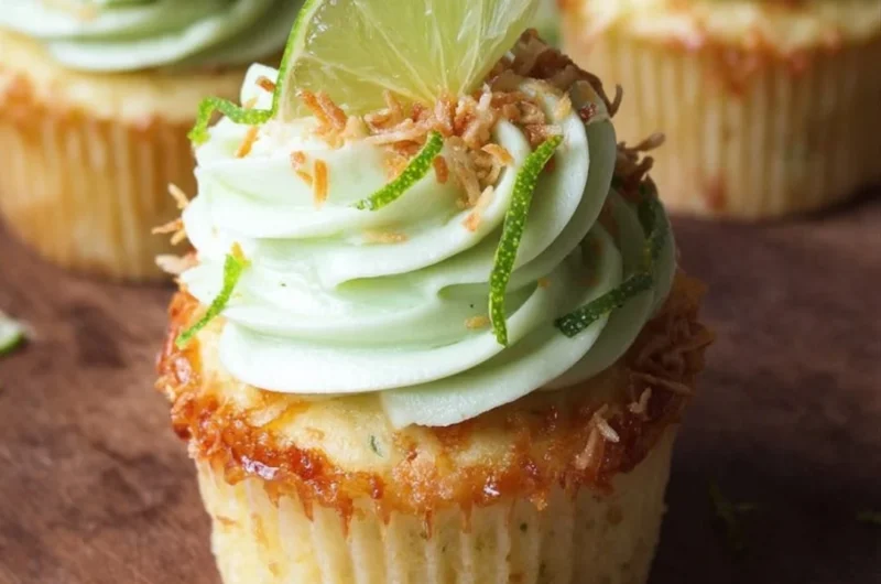 Coconut cupcakes with lime buttercream frosting on a decorative plate