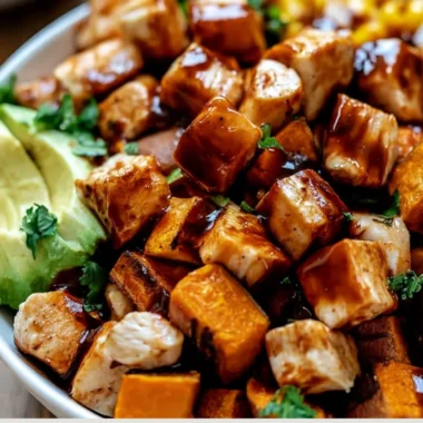Cozy BBQ Chicken Sweet Potato Bowl with colorful veggies and BBQ sauce