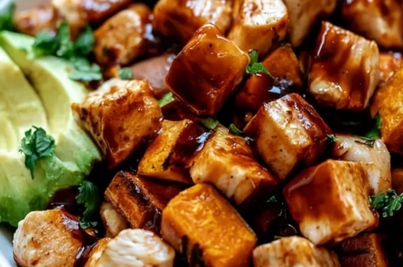 Cozy BBQ Chicken Sweet Potato Bowl with colorful veggies and BBQ sauce