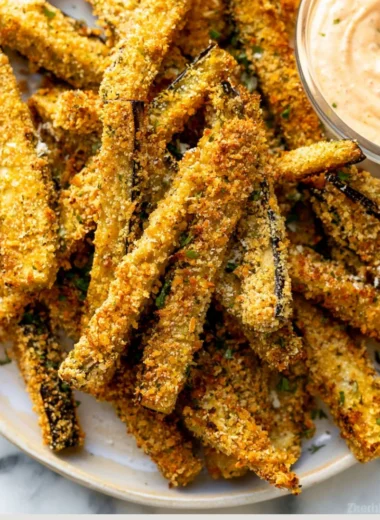 Cozy crispy eggplant fries served in a bowl with dipping sauce.