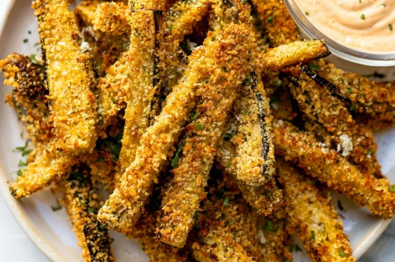 Cozy crispy eggplant fries served in a bowl with dipping sauce.
