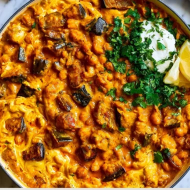 Bowl of cozy easy eggplant curry with spices and herbs