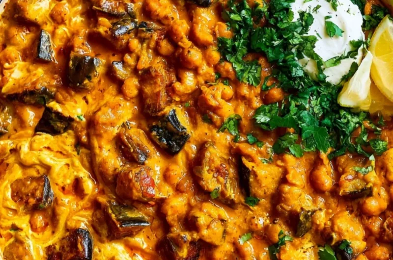Bowl of cozy easy eggplant curry with spices and herbs