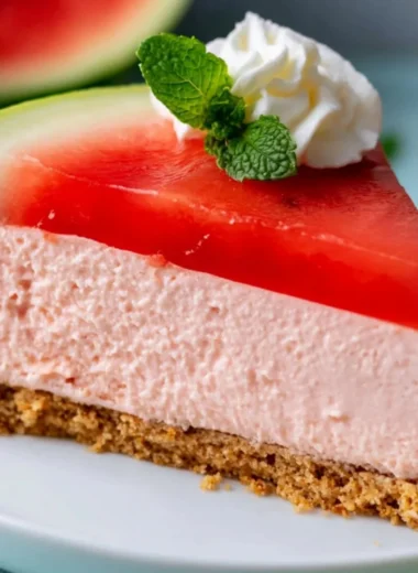 Cozy no-bake watermelon cheesecake topped with fresh fruit slices