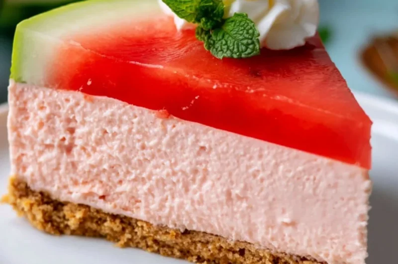 Cozy no-bake watermelon cheesecake topped with fresh fruit slices
