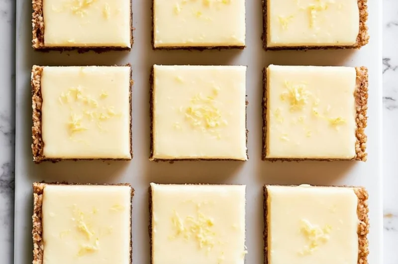 Creamy Lemon Cheesecake Protein Bars topped with fresh lemon zest