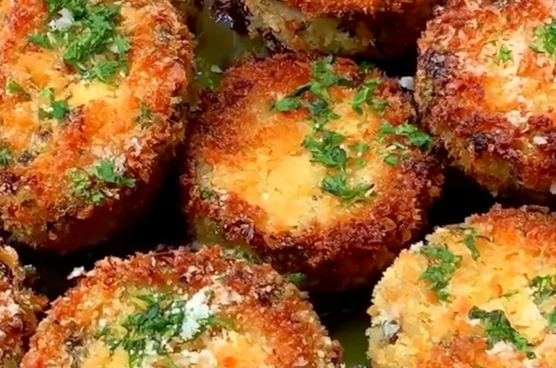 Crispy breaded eggplant slices arranged on a plate