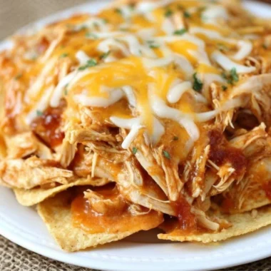 Crockpot Taco Chicken Nachos served in a bowl with toppings