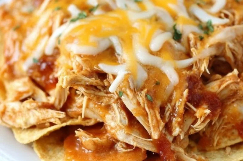 Crockpot Taco Chicken Nachos served in a bowl with toppings