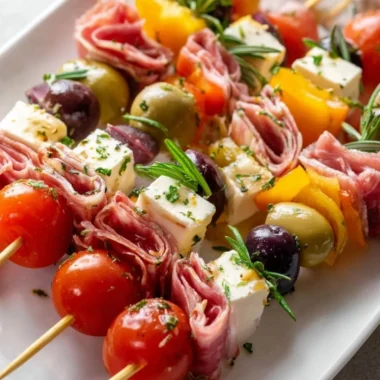A platter of colorful antipasto skewers featuring cheese, olives, and vegetables.
