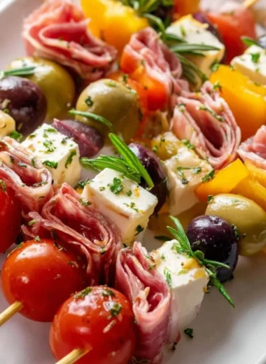 A platter of colorful antipasto skewers featuring cheese, olives, and vegetables.