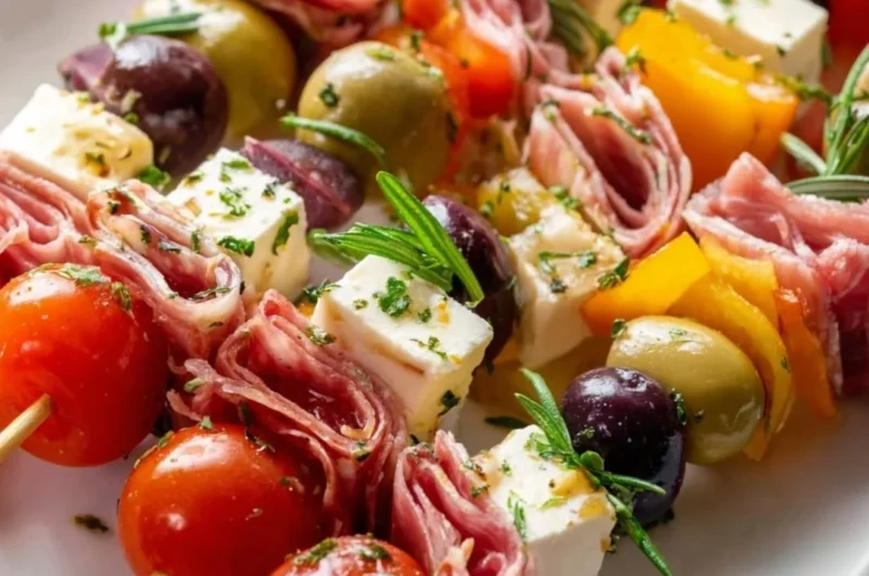 A platter of colorful antipasto skewers featuring cheese, olives, and vegetables.