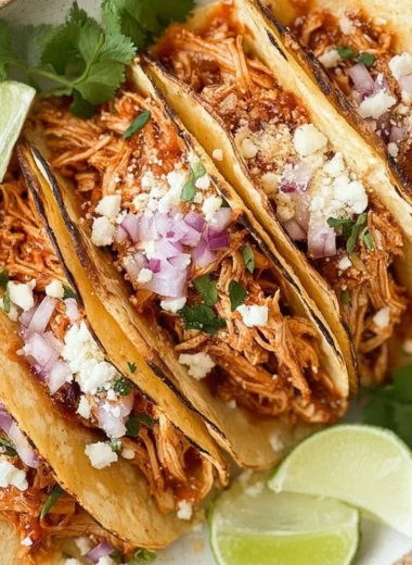 Crockpot chicken tacos with shredded chicken served in tortillas
