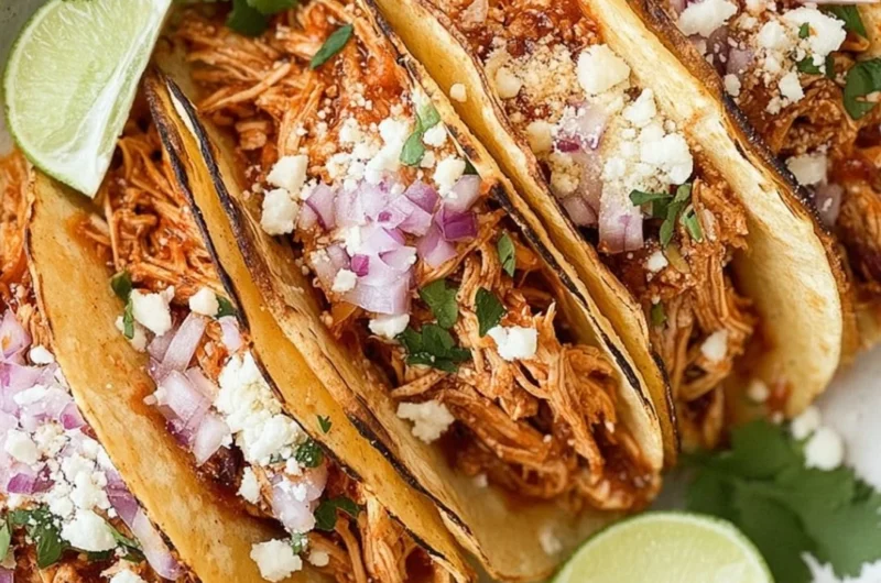 Crockpot chicken tacos with shredded chicken served in tortillas