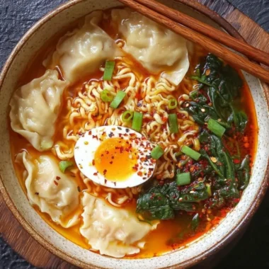 Delicious Dumpling Ramen Bowl topped with fresh herbs and savory broth