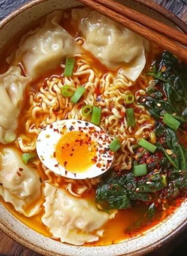 Delicious Dumpling Ramen Bowl topped with fresh herbs and savory broth