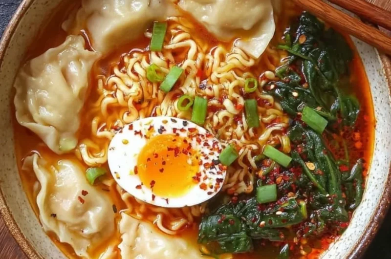 Delicious Dumpling Ramen Bowl topped with fresh herbs and savory broth