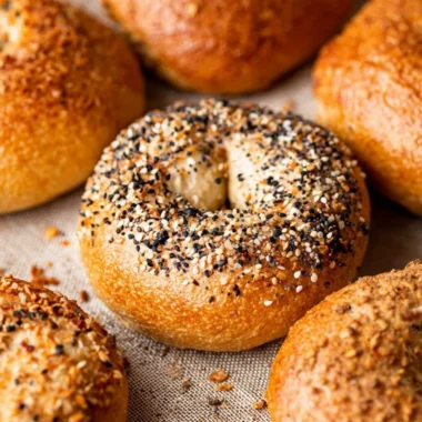 Freshly baked homemade bagels on a wooden table
