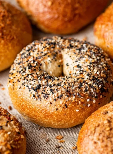 Freshly baked homemade bagels on a wooden table