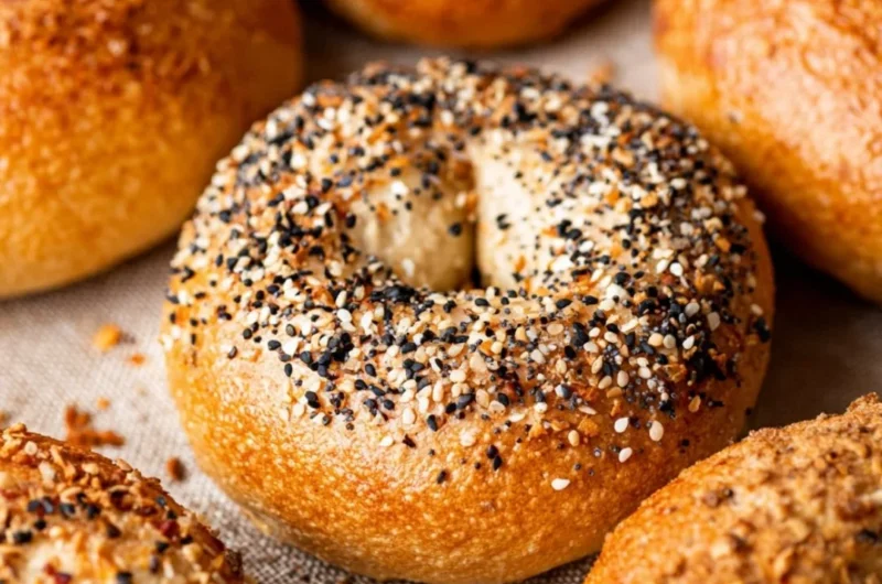 Freshly baked homemade bagels on a wooden table