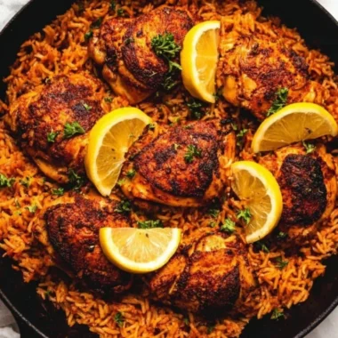 One pan Spanish chicken and rice dish garnished with fresh herbs