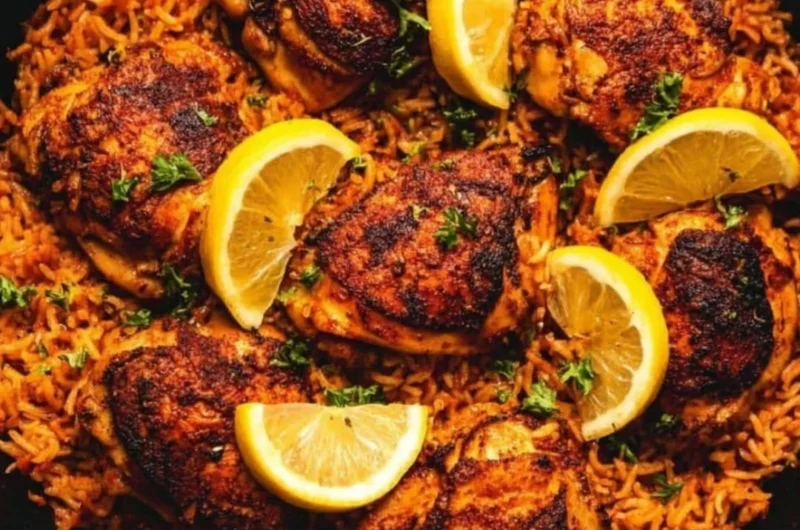 One pan Spanish chicken and rice dish garnished with fresh herbs