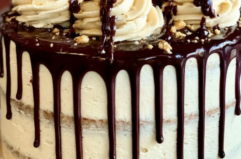 Elvis Cake: Moist banana cake topped with peanut butter frosting and chocolate ganache.