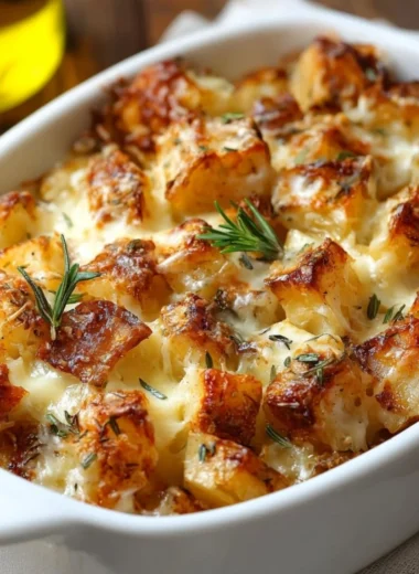 Delicious French Onion Potato Bake with cheese and crispy onions