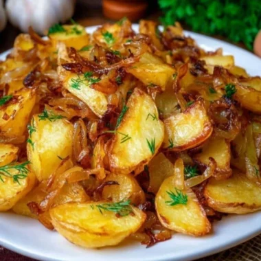 Plate of golden fried potatoes and onions cooked to perfection