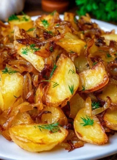Plate of golden fried potatoes and onions cooked to perfection