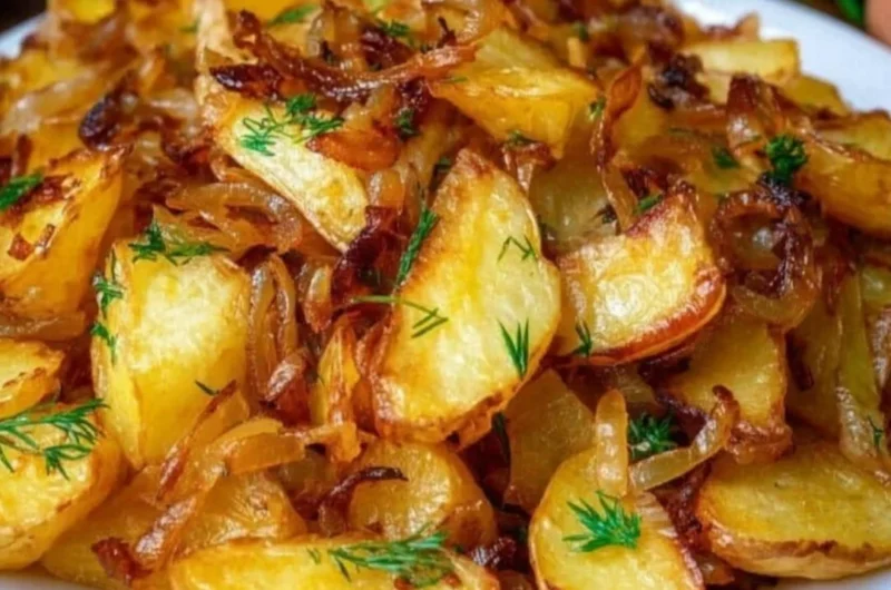Plate of golden fried potatoes and onions cooked to perfection