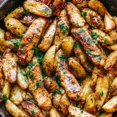Delicious Garlic Butter Chicken served with roasted potatoes