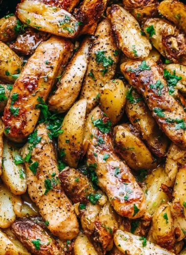 Delicious Garlic Butter Chicken served with roasted potatoes