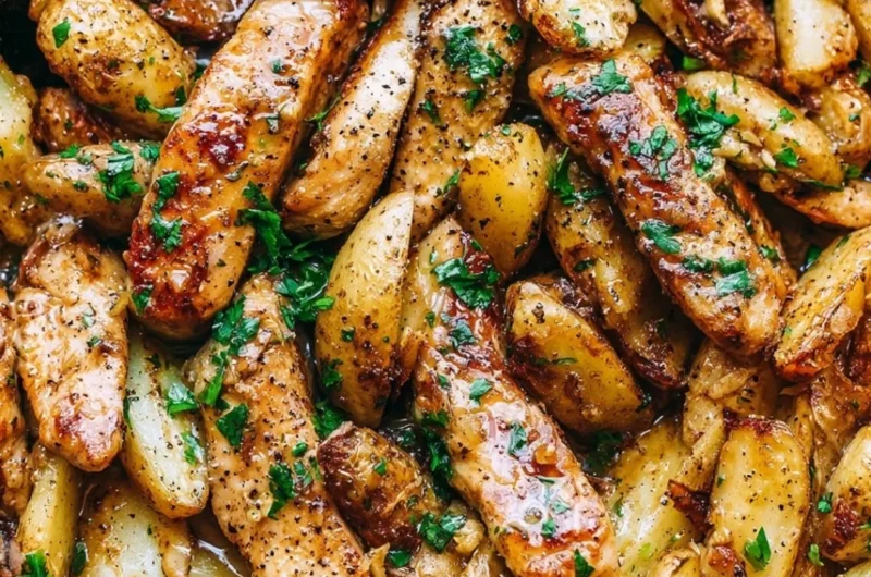 Delicious Garlic Butter Chicken served with roasted potatoes