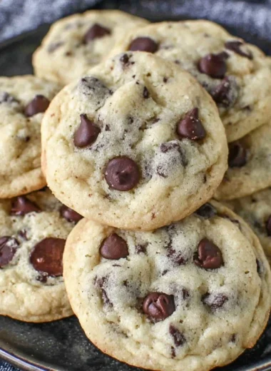 Greek yogurt chocolate chip cookies on a baking tray, fresh and delicious.