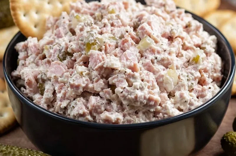 A bowl of homemade ham salad garnished with herbs and served with crackers.