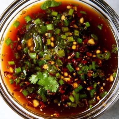 Homemade spring roll sauce in a small bowl with spring rolls on the side