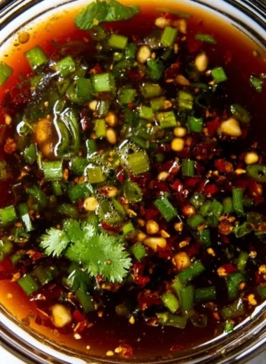 Homemade spring roll sauce in a small bowl with spring rolls on the side