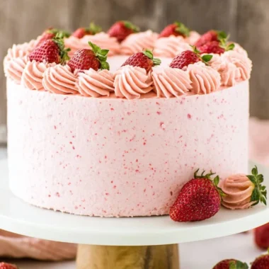 Homemade strawberry cake topped with fresh strawberries and cream.