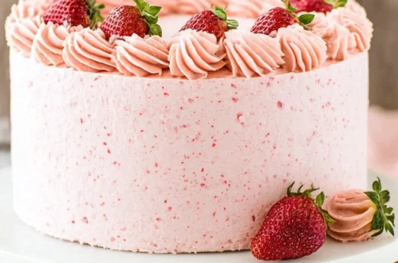 Homemade strawberry cake topped with fresh strawberries and cream.