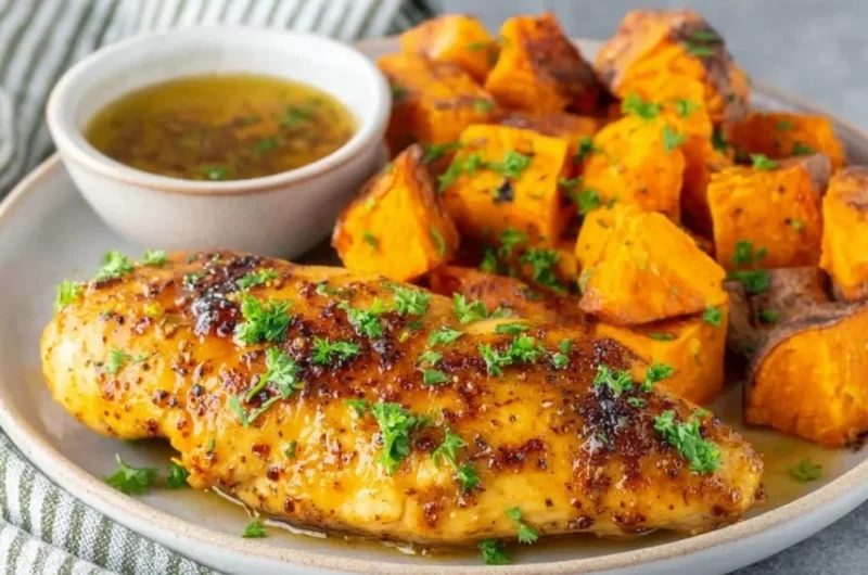 Honey Garlic Chicken Tenders served with dipping sauce