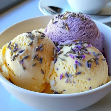 Delicious honey lavender ice cream with floral lavender and drizzled honey