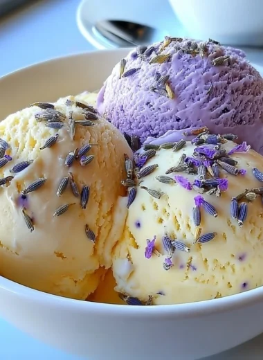 Delicious honey lavender ice cream with floral lavender and drizzled honey