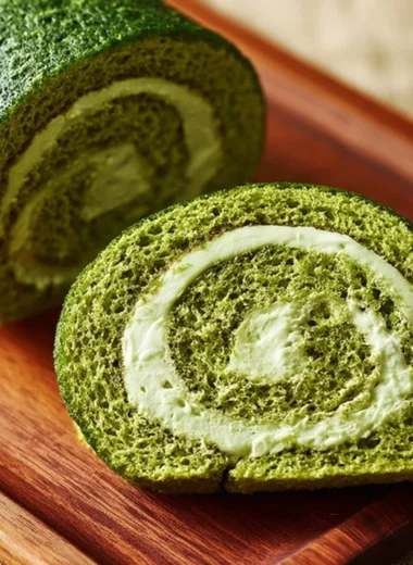 Delicious Matcha Roll Cake with cream filling and green tea flavor